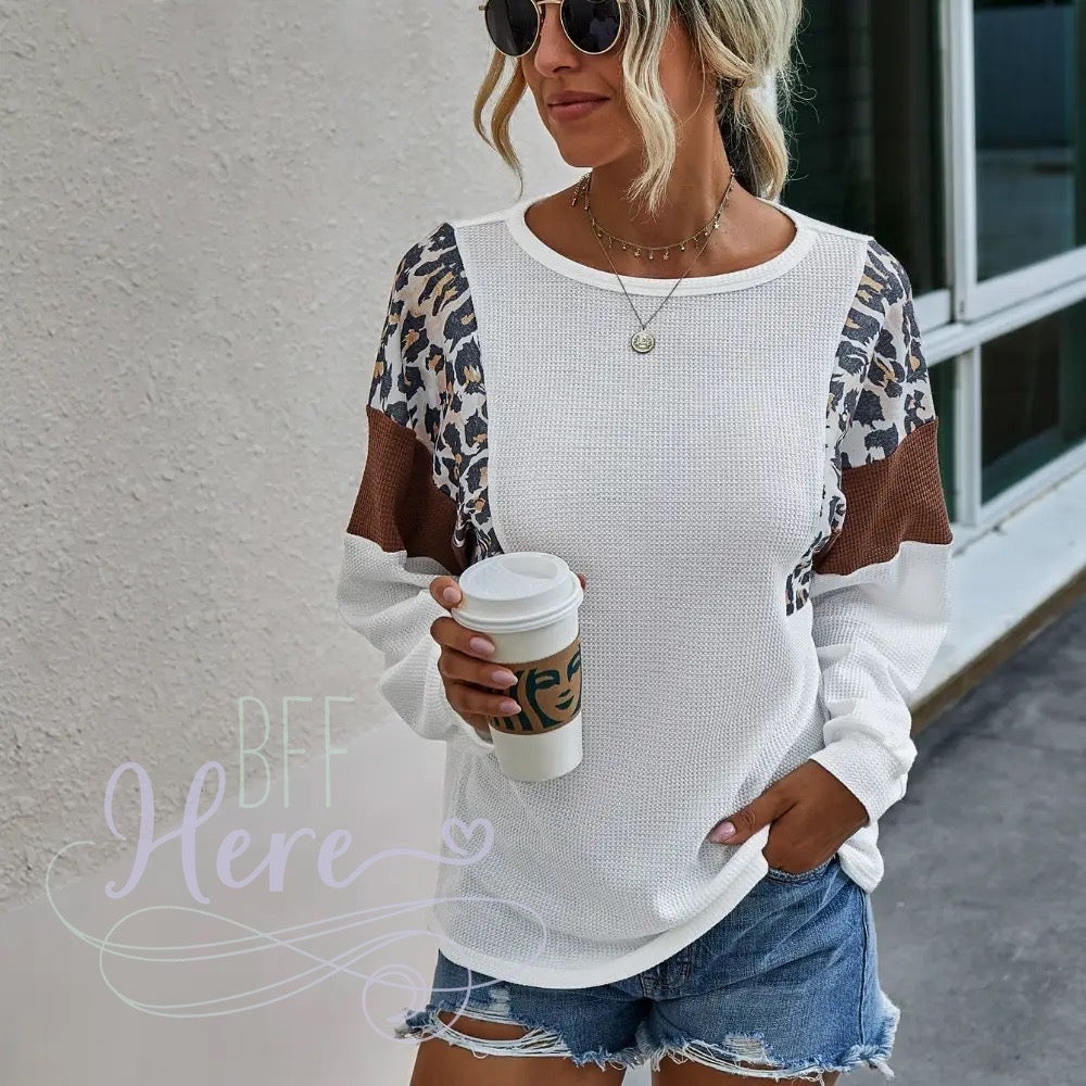 Iris Waffe Knit Color Block Leopard Top - BFF Here