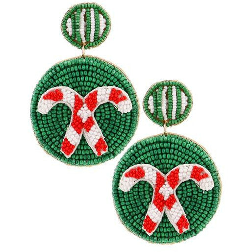 Round Candy Cane Seed Bead Earrings — Green - BFF Here