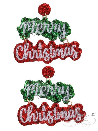 Glitter Merry Christmas Earrings - Green & Red - BFF Here