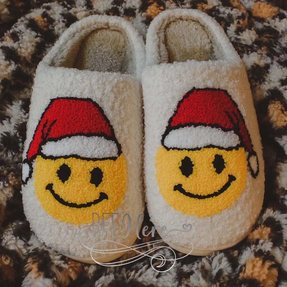 Preorder— Santa Christmas Happy Face Sherpa Slippers - BFF Here