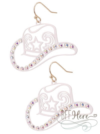 Cowboy Hat Filagree Earrings — White - BFF Here