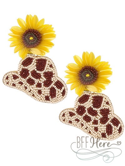 Sunflower Cowboy Hat Seed Bead Earrings - BFF Here