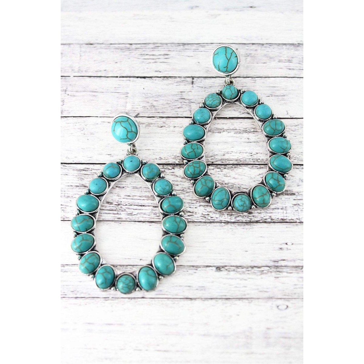 Western Turquoise Beaded Silvertone Oval Earrings - BFF Here