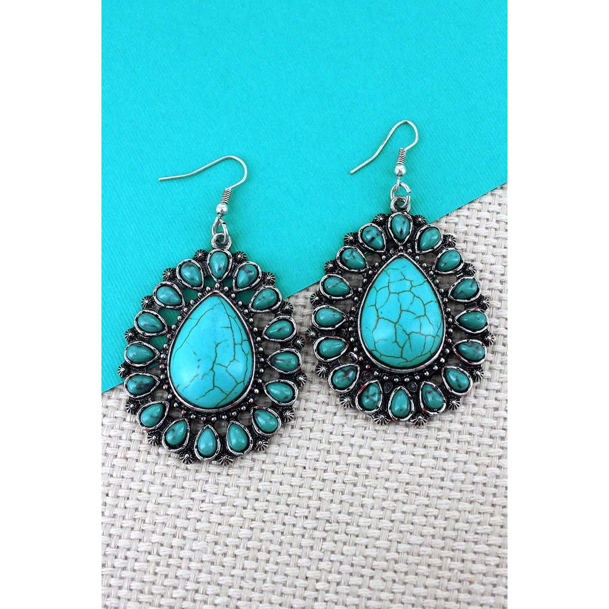 Turquoise Beaded Burnished Silvertone Teardrop Earrings - BFF Here